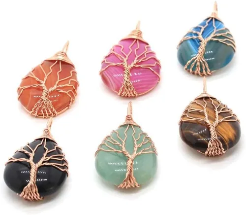 Vista 2 de Colgante de piedra de reiki de cristal curativo hecho a mano con alambre envuelto en árbol de la vida, collar de cadena de amatista 2892E (Amethyst)