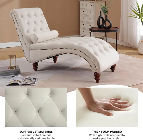 Vista 3 de Tumbona con botones para interiores, tumbona de terciopelo con patas y almohada, respaldo enrollado sin brazos, sofá reclinable para sala de estar