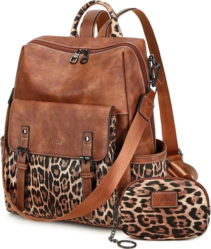 Vista 11 de AGLOD Mochila de cuero sintético para mujer, bolsos de viaje de moda para mujer, bolsos de viaje de trabajo de imitación, Beige- negro-marrón
