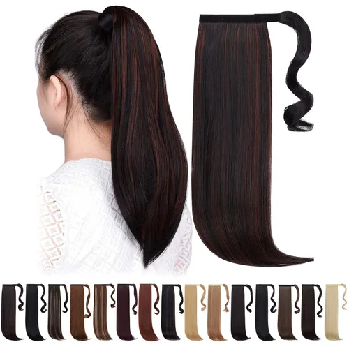 Vista 29 de Extensiones de cola de caballo negras, colas de caballo rizadas con clip, 22 pulgadas, 3.5 onzas, extensión de cabello sintético envolvente del pelo