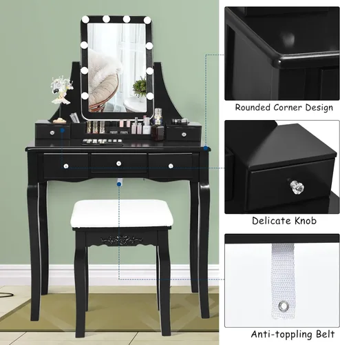 Vista 8 de LDAILY Juego de mesa de tocador con 10 luces LED, tocador de maquillaje con espejo cuadrado iluminado giratorio de 360°, taburete acolchado y 5