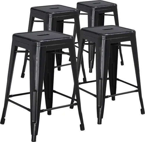 Vista 22 de Taburete de 24 pulgadas de alto para interior y exterior con asiento cuadrado., Metal, Negro