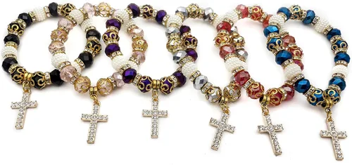 Vista 5 de Pulsera elástica ajustable con cuentas de cristal azul profundo y cruz cristalizada católica