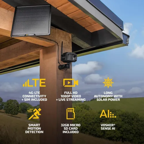 Vista 3 de Vosker V300 Ultimate Farmers Pack - Cámara de seguridad para exteriores con panel solar externo para granjas, pastos e invernaderos, 4G LTE, unidad