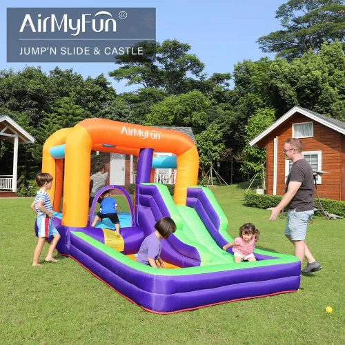 Vista 3 de AirMyFun Casa inflable para rebotar, gorila de obstáculos y tobogán con soplador de aire (estilo morado)
