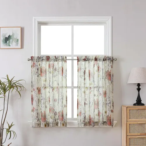 Vista 11 de OWENIE - Cortinas de cenefa arrugada transparentes de 14 pulgadas de longitud 2 piezas, cenefa moderna pequeña impresa para cocina, sala de estar