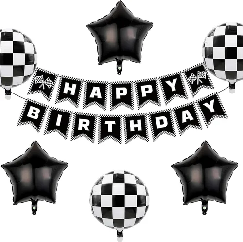 Vista 7 de Cartel de cumpleaños de coche de carreras, pancarta de feliz cumpleaños a cuadros, decoraciones de fiesta de autos de carreras, fiesta temática