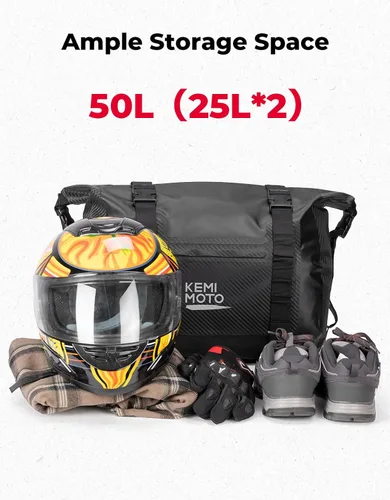 Vista 2 de KEMIMOTO Alforjas para motocicleta impermeables de PVC 50L (25Lx2) Bolso de equipaje para bicicleta deportiva dual Adventure, alforjas desmontables