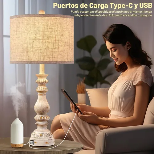 Vista 4 de Juego de 2 Lámparas de Mesita de Noche Estilo Granja para Dormitorio con Puertos USB A+C, Lámparas de Mesa Rústicas Vintage de 28" para Sala