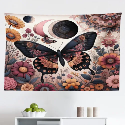 Vista 148 de Ambesonne Tapiz bohemio, diseño floral de bruja, luna y mariposa con adornos de mandala, decoración de tela para colgar en la pared para dormitorio