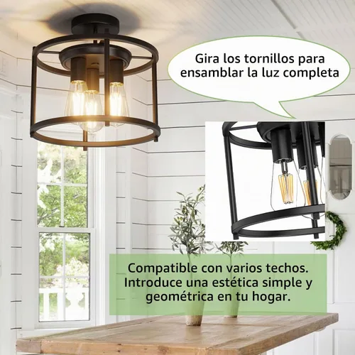 Vista 3 de Lámpara de techo semiempotrada de granja, lámpara de techo industrial negra para cocina, estilo rústico, vintage, montaje en techo, 3 luces, lámpara