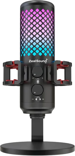 Vista 8 de ZealSound Micrófono USB para iPhone, iPad, teléfono, PC, micrófono RGB para juegos con metal completo, silencio, filtro pop, ganancia