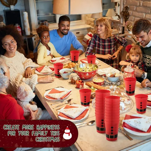 Vista 5 de Uiifan Paquete de 50 vasos de plástico de Navidad a granel de Papá Noel, vasos de plástico reutilizables de 12 onzas, vasos de plástico con cinturón