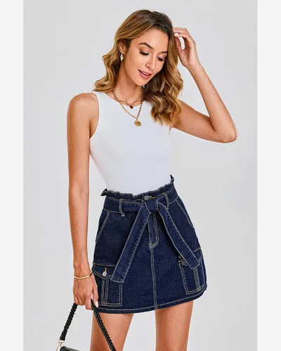 Vista 3 de luvamia Faldas de mezclilla para mujer, pantalones cortos de mezclilla de cintura alta con bolsillos, casual, lindo, cinturón de verano, falda