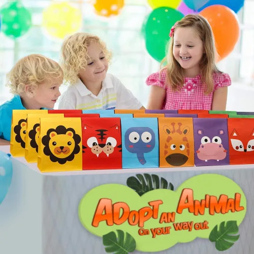 Vista 5 de Mocoosy Paquete de 24 bolsas de recuerdo de fiesta de animales, bolsas de regalo para cumpleaños de niños, pequeñas bolsas de regalo de papel a