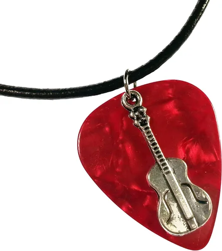 Vista 4 de Collar de púa de guitarra con dije de guitarra y cadena de cordón de cuero vegano