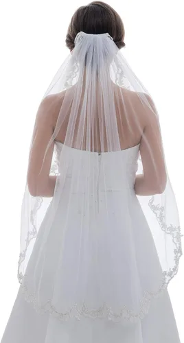 Vista 2 de SAMKY 1T 1 Tier Scallop Beaded Embroidered Lace Fingertip Length Bridal Veil 36