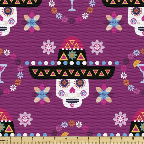 Vista 137 de Ambesonne The Yard, tela de calavera colorida con temática de Halloween, diseño de calavera y huesos cruzados, divertido estampado de dibujos
