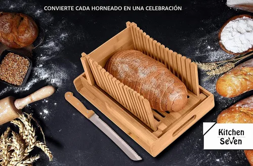 Vista 7 de Cortador de pan de bambú con bandeja para migas, cortador de pan de bambú para pan casero, pasteles de pan, rebanador de bagels, 3 tamaños