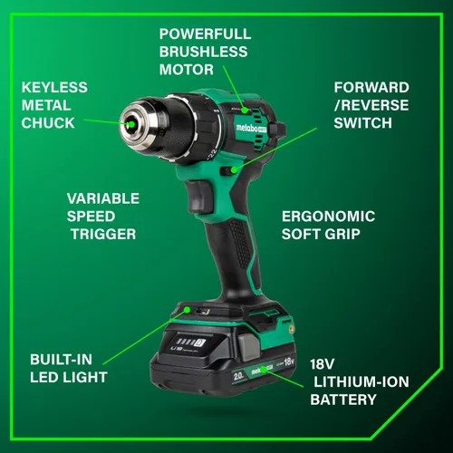 Vista 11 de Metabo HPT Taladro Percutor Inalámbrico MultiVolt™ de 18V, Destornillador de Impacto, Sierra Recíproca, y Linterna Kit Combinado de 4 Piezas