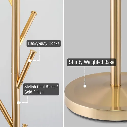 Vista 2 de Kira Home Addison - Perchero de pie moderno de 68 pulgadas con 6 ganchos para colgar Elegante soporte de metal dorado con base pesada, acabado