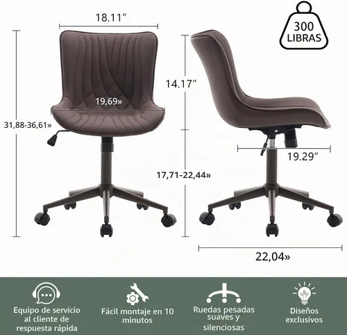 Vista 2 de YOUTASTE Silla de escritorio de oficina sin brazos con ruedas, silla giratoria ajustable, tapizada de piel sintética, soporte ergonómico