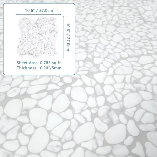 Vista 3 de SUNWINGS Azulejo de guijarros de 10 hojas para ducha, borde de suelo, cocina, baño, salpicadero de vidrio reciclado blanco Carrara, aspecto