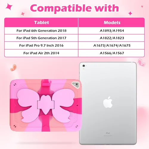 Vista 2 de VOFUOE Funda para iPad de 6ª/5ª generación para niños y niñas, funda para iPad de 9.7 2018 2017 con soporte de lazo, correa para el hombro, soporte