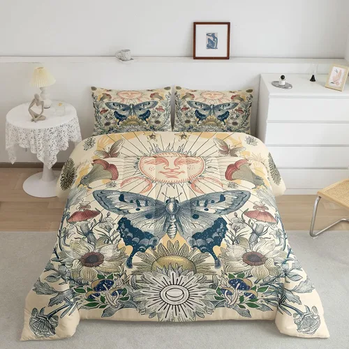 Vista 8 de Juego de edredón de polilla de la muerte, juego de ropa de cama tamaño individual, diseño de calavera gótica, flores botánicas, juego de edredón