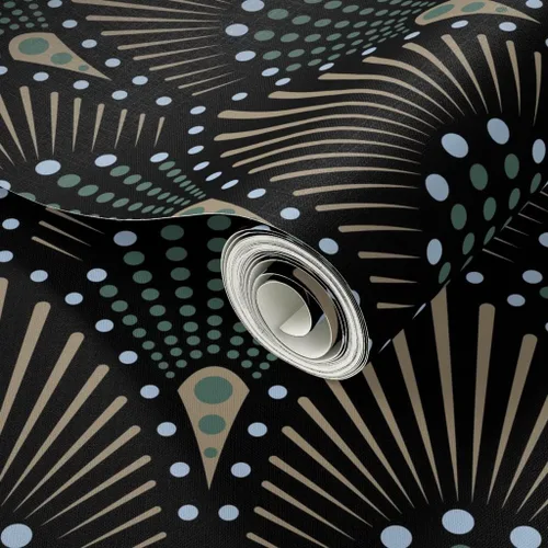 Vista 2 de Muestras de papel tapiz para despegar y pegar, ventilador Art Deco negro, verde, marrón, dorado, geométrico, puntos geométricos, papel tapiz