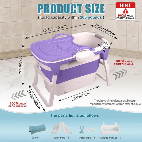 Vista 5 de Foldable Bathtub for Adults, Portable Soaking Tub with Thermal Lid Purple
