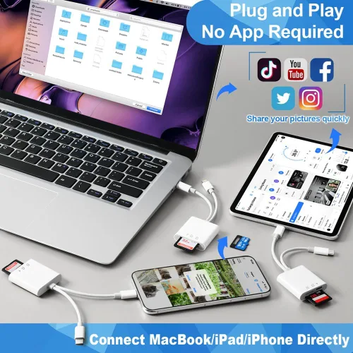 Vista 6 de Lector de Tarjetas SD para iPhone iPad, Visor de Tarjetas SD para Cámara de Sendero Digital con Ranura Dual para MicroSD/SD, Conectar y Usar, Carga