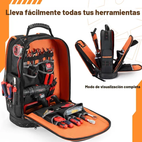 Vista 2 de Mochila de herramientas Golkcurx, mochila resistente para herramientas, bolso de herramientas de 1680D para electricistas, con base moldeada