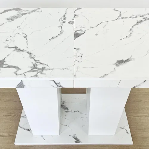 Vista 5 de Juego de mesa de comedor extensible de mármol sintético de 7 piezas para 6, mesa de comedor extensible blanca de 78.74 pulgadas con juego de 6
