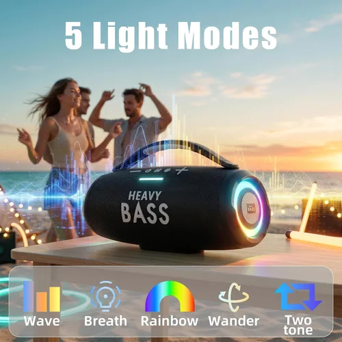 Vista 5 de Altavoces Bluetooth inalámbricos, altavoz portátil de 80 W máximo con graves profundos, tiempo de reproducción de 20 horas, IPX6 impermeable, doble