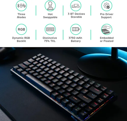 Vista 2 de RK ROYAL KLUDGE RK84 80% RGB triple modo BT5.02.4Gteclado mecánico con cable de intercambio rápido, teclado inalámbrico de 84 teclas, Bluetooth