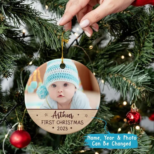Vista 3 de Primer adorno de Navidad para bebé, adorno de cerámica de Navidad para bebé 2025, primera decoración de árbol de Navidad del bebé, marco de fotos