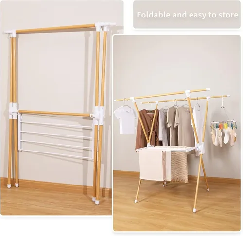 Vista 6 de BAOYOUNI Estante plegable para secar ropa con estante para toallas de lavandería, soporte en forma de X, ajustable, doble poste, organizador