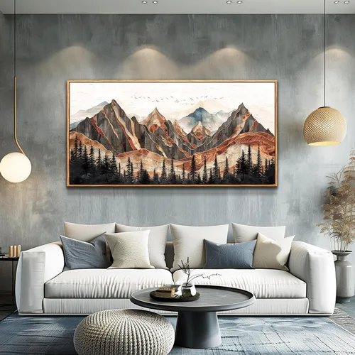 Vista 8 de XIGUANGART Arte de pared enmarcado de montaña, decoración de pared de montañas horizontales largas, pintura de pared de naturaleza de pinos