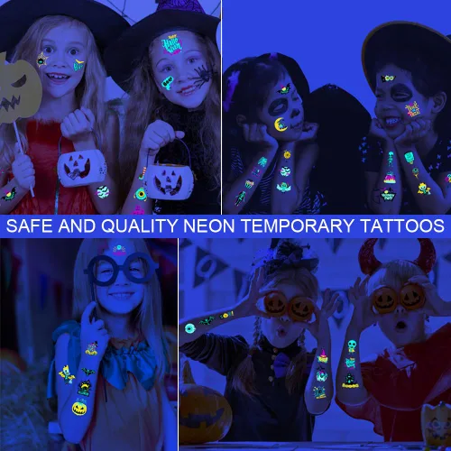 Vista 2 de 10 hojas de tatuajes temporales de neón de Halloween que brillan bajo los rayos UV, más de 95 estilos, impermeables, para fiestas de niños, niños