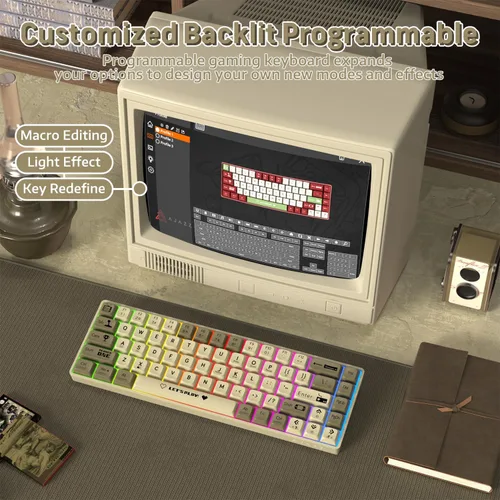 Vista 7 de ATTACK SHARK AK680 - Teclado mecánico para juegos 60% con cable, intercambiable en caliente, retroiluminación RGB arco iris, impresión UV y control
