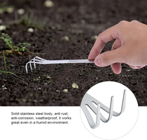 Vista 7 de Yosoo Rastrillo de jardinería de 8.3 pulgadas de acero inoxidable con 3 dientes para plantas, rastrillo para jardinería, cultivador de suelo