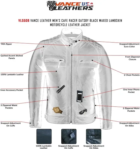 Vista 20 de Vance Leather ' Cafe Racer - Chaqueta de piel de cordero encerada para hombre, color marrón Austin