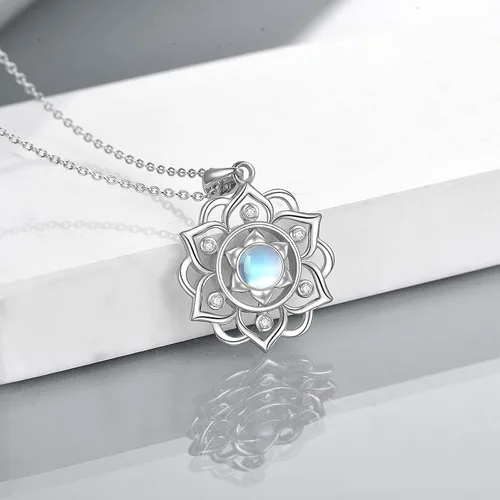 Vista 5 de Collar de loto de plata de ley 925, collar con colgante de piedra lunar, joyería de loto para yoga para mujer, Piedra de luna