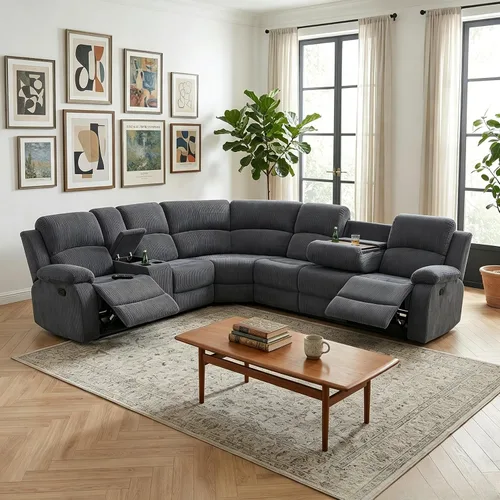 Vista 17 de Juego de sofá seccional reclinable manual, juegos de muebles de sala de estar de cuero regenerado en forma de L, sofá de esquina seccional