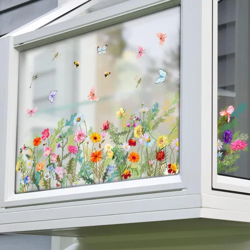 Vista 8 de REIFNA Película electrostática de ventana con estampado floral, ramo de mariposas, a prueba de aceite, impermeable, decoración de pared, se adhiere