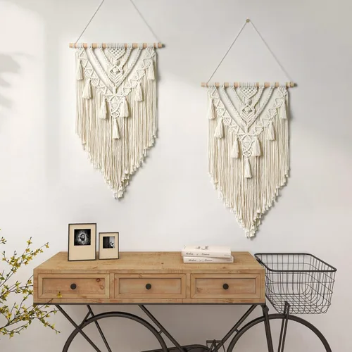 Vista 7 de Dremisland - Tapiz tejido de macramé para colgar en la pared, geométrico estilo boho, beige y gris, de algodón hecho a mano, decoración artística