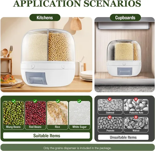 Vista 9 de LOYALHEARTDY Dispensador de arroz y granos de 6 rejillas, contenedores de arroz automáticos giratorios de 360°, cubo de arroz de 13 libras con taza