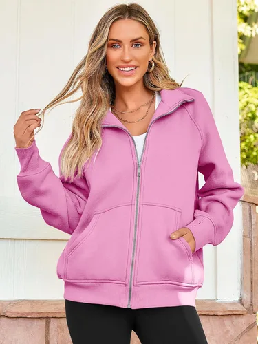 Vista 2 de Ezymall Sudaderas con capucha y cremallera para mujer, sudaderas de gran tamaño con bolsillos