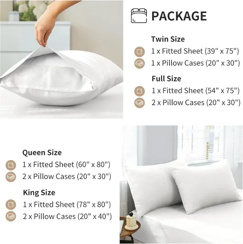 Vista 7 de Juego de sábana bajera ajustable con fundas de almohada, 100% viscosa derivada de bambú, sábana bajera refrescante de 400 hilos para personas que